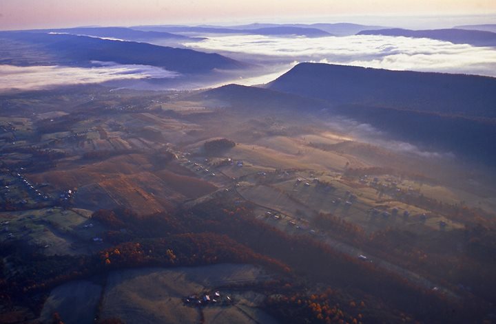 Aerial view of Perry County farmland and mountains